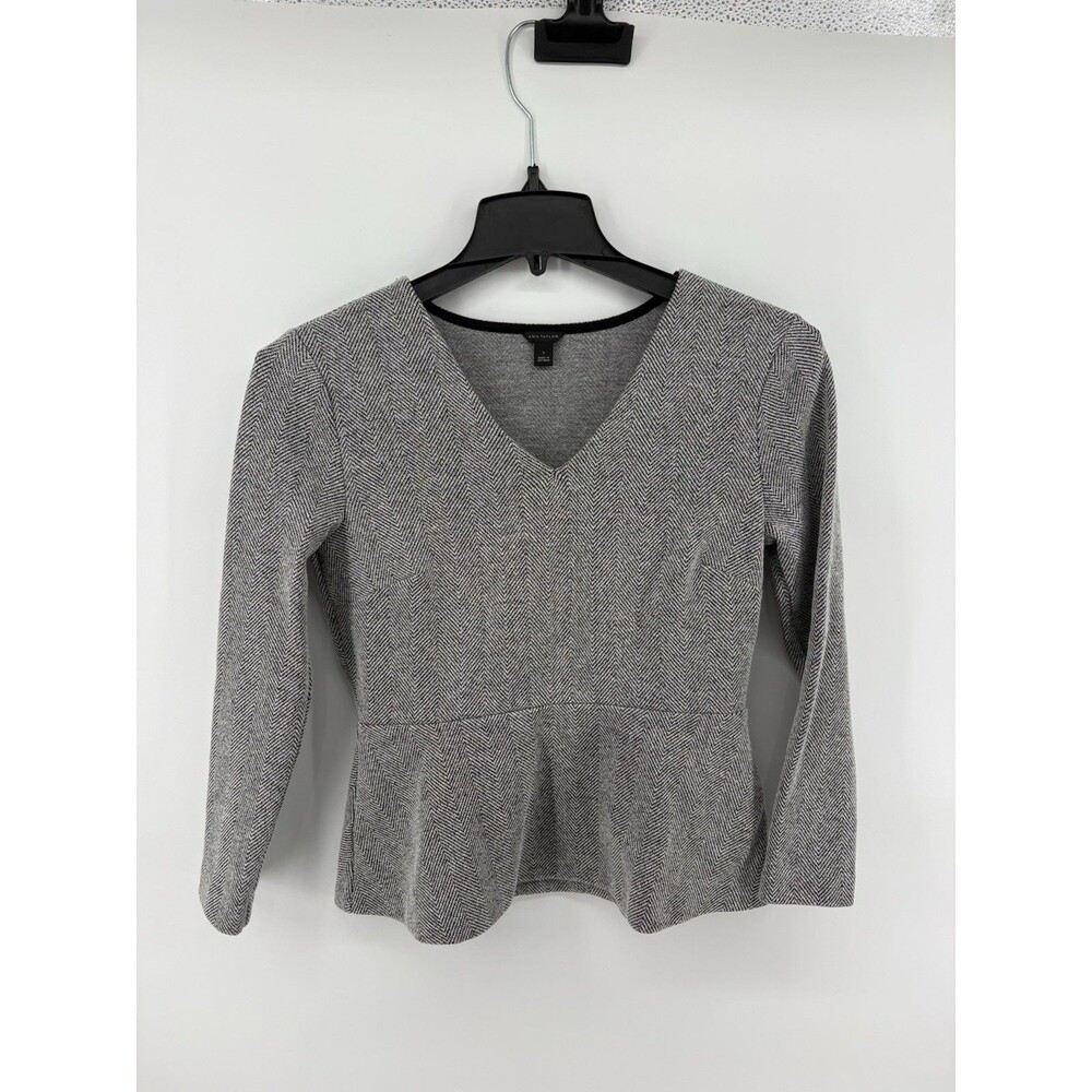 Ann Taylor Womens Gray Herringbone Long Sleeve Peplum Blouse Top Size Small